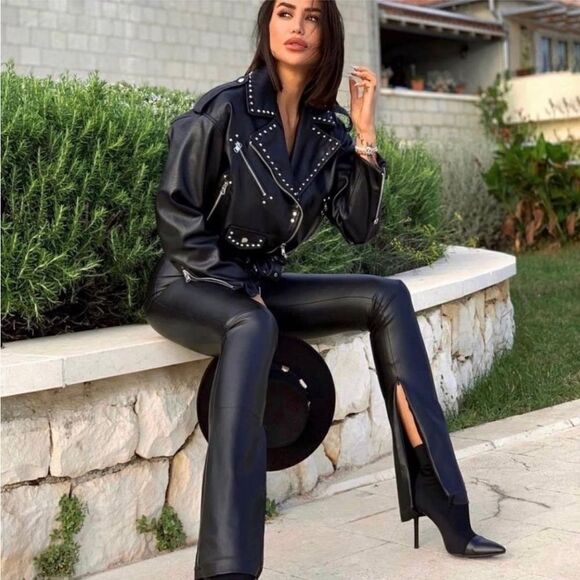 ZARA Blogger Favorite Black Vegan Leather High Rise Long Inseam Ankle-zip Pants. - Picture 1 of 10